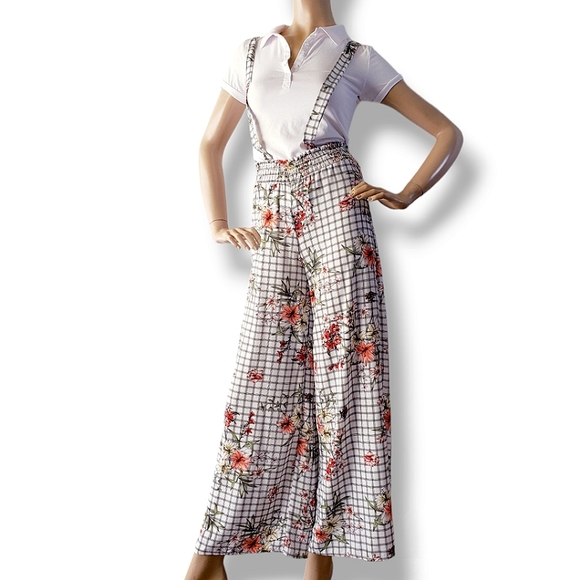 Common Crush Floral Windowpane High Waist, Wide Leg,  Criss Cross Overall Pants - Picture 3 of 8
